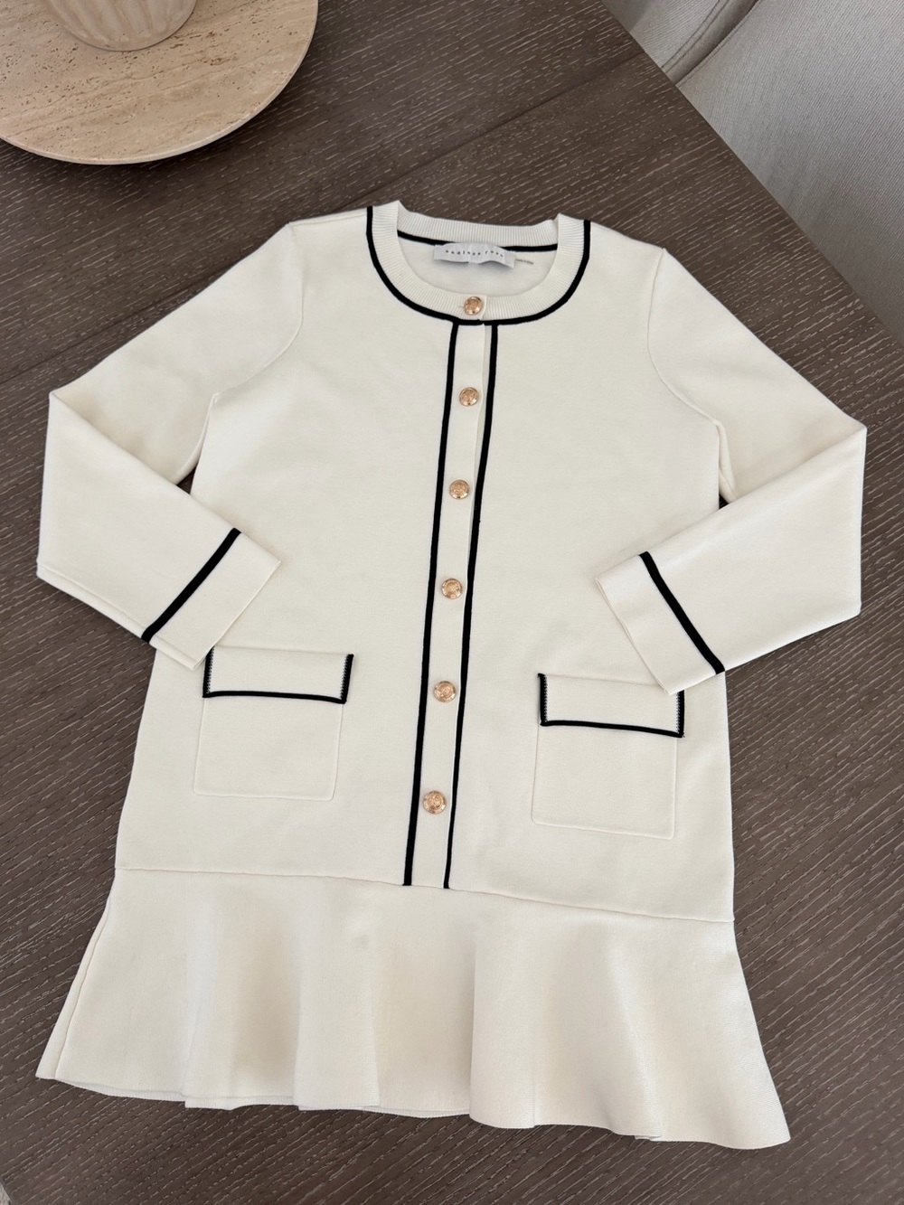 Anthropologie - Endless Rose - white black trim knit sweater ruffle mini dress - Picture 6 of 14
